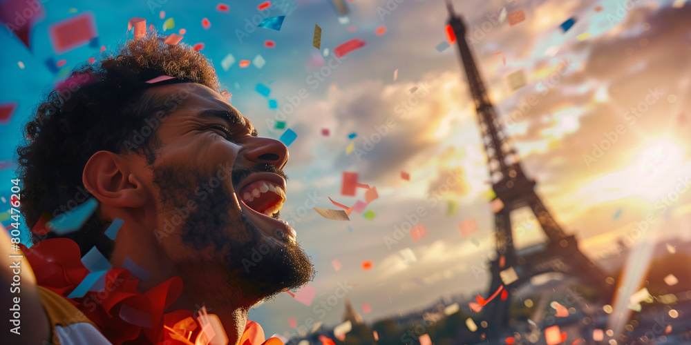 Side portrait of professional athlete celebrating victory on a background of Eiffel tower in Paris. Sports games in France.