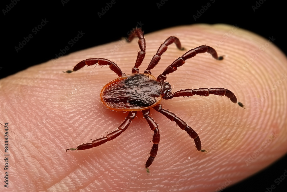 Extreme macro: Tiny tick with eight legs, sharp claws and reddish-brown body crawls on smooth human skin Extreme macro: Tiny tick with eight legs, sharp claws and reddish-brown body crawls on smooth human skin