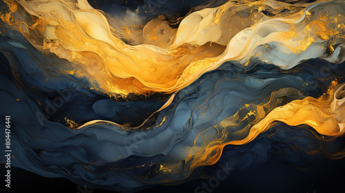 Minimalistic Art of Indigo and Gold Paint Brush Stroke Curvy Background