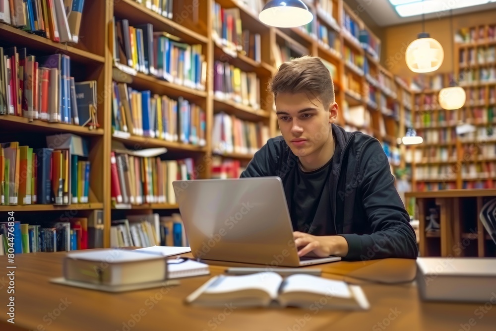 A Young Australian man student study in the school library she using laptop and learning online A Young Australian man student study in the school library she using laptop and learning online