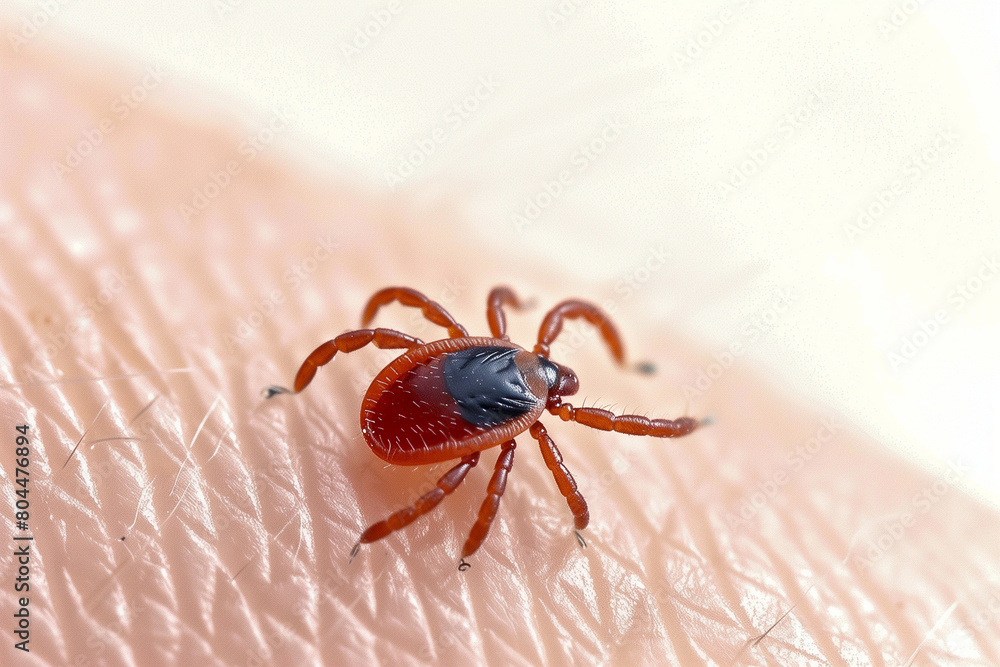 Extreme macro: Tiny tick with eight legs, sharp claws and reddish-brown body crawls on smooth human skin Extreme macro: Tiny tick with eight legs, sharp claws and reddish-brown body crawls on smooth human skin