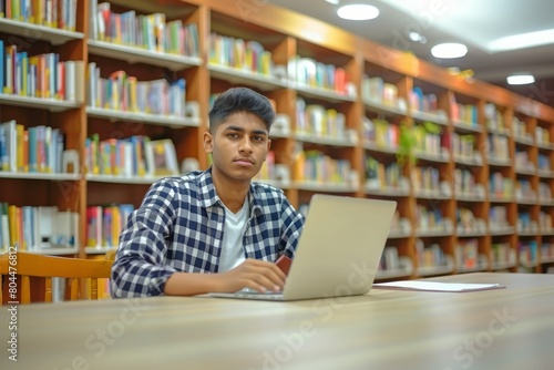 A Young Indian man student study in the school library she using laptop and learning online