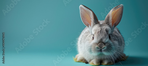  A grey rabbit sitting on a blue background with its ears up and eyes closed. Created with Ai