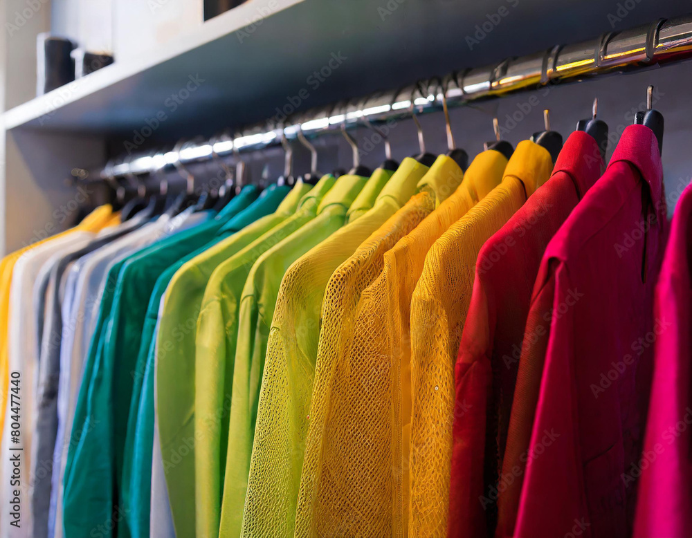 Obraz premium Colorful shirts on hangers in wardrobe. Wardrobe interior design