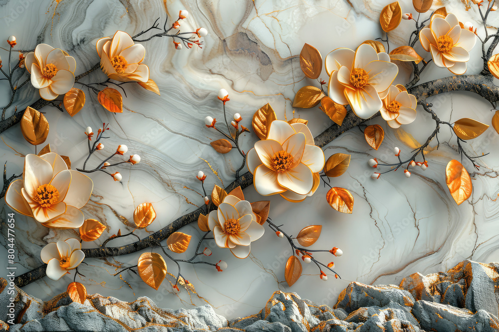 3D rendering, White flowers with golden leaves and buds on marble background. Created with Ai
