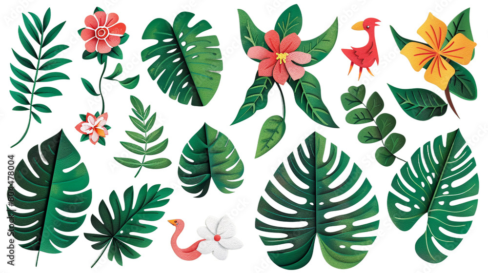 Vibrant Tropical Leaf and Flower Illustrations in Paper Cut Craft Style for Branding, Greeting Cards, and Posters - Modern Botanical Design Elements on Transparent Background Vibrant Tropical Leaf and Flower Illustrations in Paper Cut Craft Style for Branding, Greeting Cards, and Posters - Modern Botanical Design Elements on Transparent Background