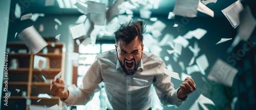 angry male office worker threw paper documents up, deadline. Depression from work in a man, a large workload of document management photo