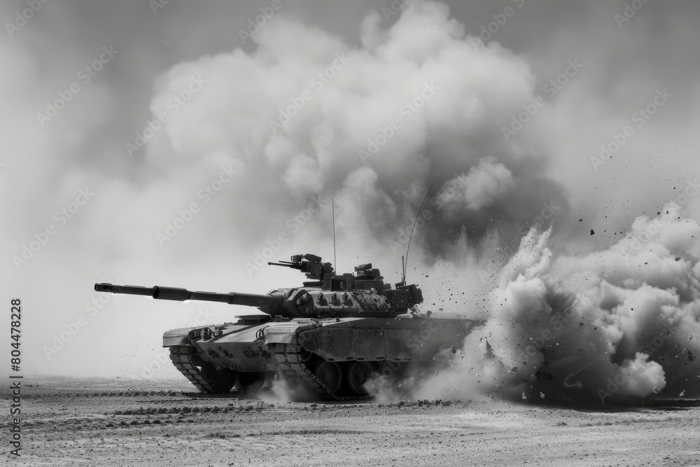 Black and white photo of an M1 Abrams tank engaged in desert combat, plumes of smoke and explosions in the background