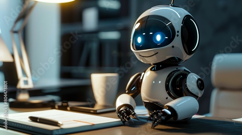 A cute white robot with black eyes is sitting at a desk, reading an open book under bright lighting
