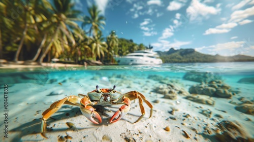 Beautiful crab underwater with tropical palm tree island and yacht in sea.