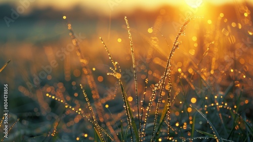 Close-up of a meadow at sunrise, showcasing long blades of grass with dew drops sparkling like tiny jewels photo