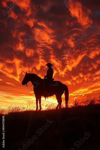 A rider on horseback  silhouetted against a fiery evening sky
