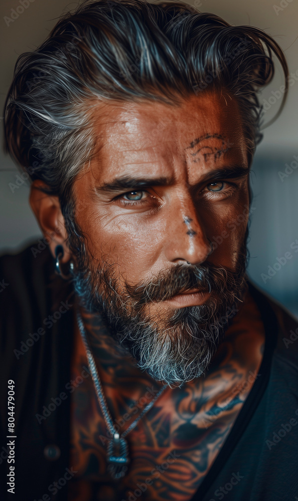A handsome middle-aged man with short hair and a beard, silver-gray hair color, and expressive eyes stands out with tattoos adorning his neck and ears, exuding a distinctive and confident style. A handsome middle-aged man with short hair and a beard, silver-gray hair color, and expressive eyes stands out with tattoos adorning his neck and ears, exuding a distinctive and confident style.