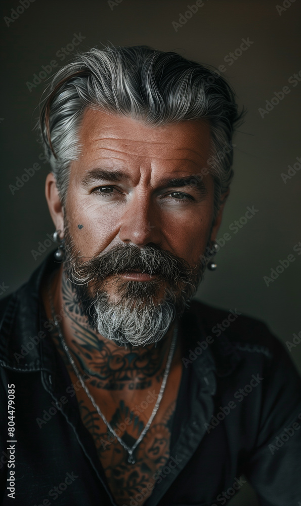 Obraz premium A handsome middle-aged man with short hair and a beard, silver-gray hair color, and expressive eyes stands out with tattoos adorning his neck and ears, exuding a distinctive and confident style.