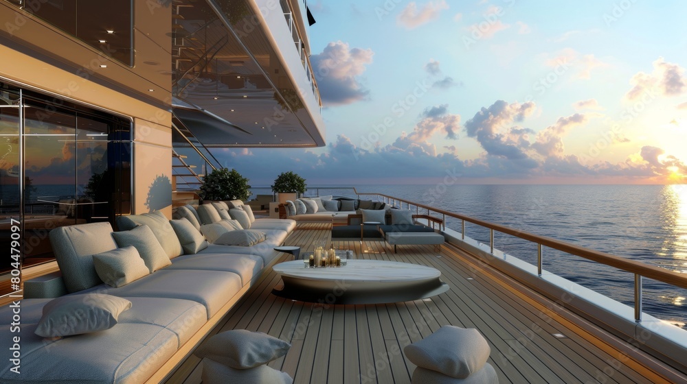 Fototapeta premium Deck view of a luxury yacht in sea water.