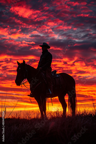 A rider on horseback, silhouetted against a fiery evening sky © Ricardo Costa