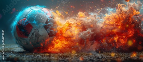 Soccer ball engulfed in flames and smoke  creating a fiery atmosphere