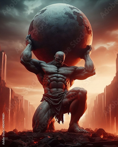 statue of a titan, holding an atlas stone boulder above his shoulders, world's strongest man, generative AI photo