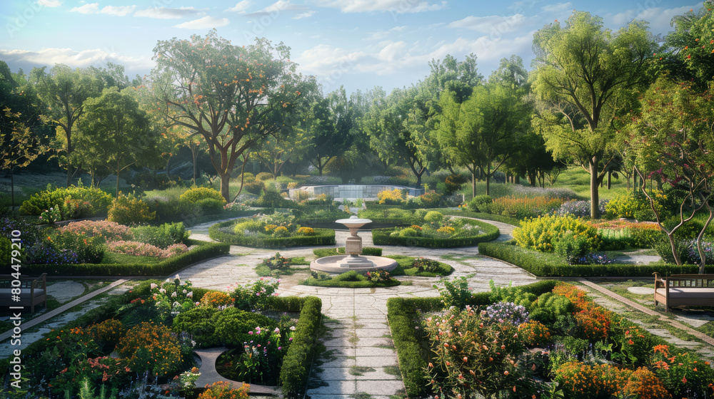An expansive garden designed as a metaphorical map of knowledge, with paths representing theology, fountains symbolizing science.