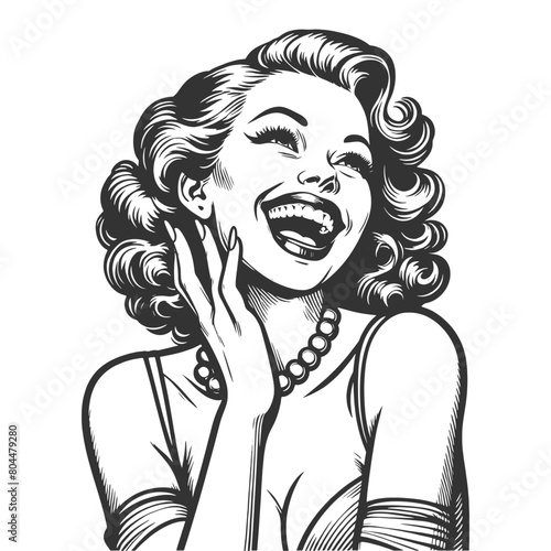 woman laughing heartily, her head thrown back in a moment of pure joy and infectious mirth sketch engraving generative ai fictional character vector illustration. Black and white image.