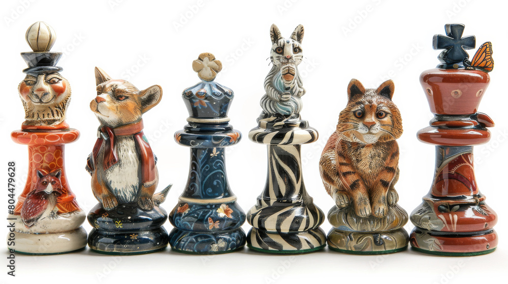 A row of animal chess pieces, including a cat, a rabbit, a zebra, and a mouse A row of animal chess pieces, including a cat, a rabbit, a zebra, and a mouse