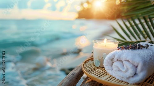 Close-up of a white rolled towel, a sprig of lavender, and a flickering candle on a bamboo tray overlooking a tropical beach photo