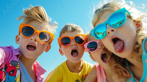 Group of children wearing oversized sunglasses and pretending to be celebrities