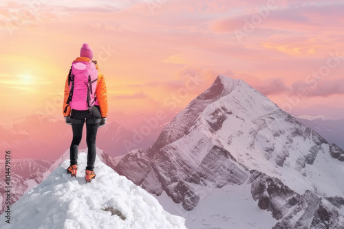 The triumph of a mountain climber as they conquer the peak against harsh winds, framed by a stunning sunrise, embodying courage and perseverance in the face of adversity.