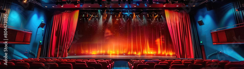 The theater curtain remains closed, setting the stage for an upcoming performance filled with drama and excitement, capturing the essence of live entertainment. photo