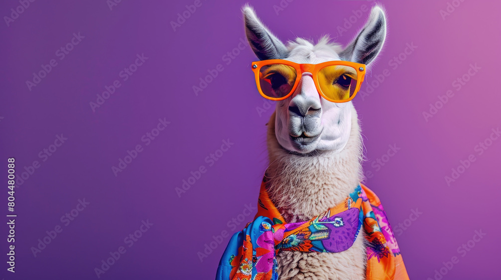 Fototapeta premium Vibrant world of fashion with a stylish llama adorned in trendy sunglasses and a colorful floral scarf against a striking purple backdrop, captured in a vivid studio portrait setup.