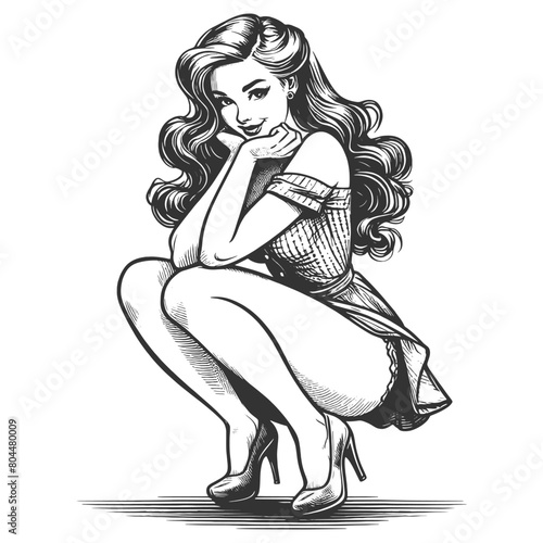 retro pin-up girl in a playful pose, showcasing charm and style in her expression and attire sketch engraving generative ai fictional character vector illustration. Black and white image.