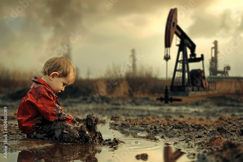 Dangers of environmental neglect as a child plays in a contaminated environment, surrounded by toxic crude oil and the relentless operation of an industrial pump jack. photo