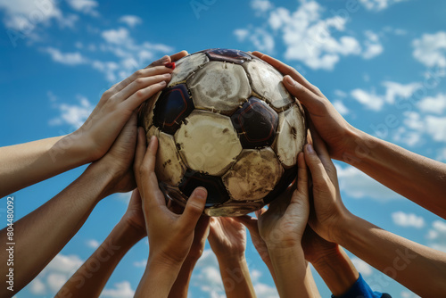 A group of people reaching out holding a soccer ball. Football sports teamwork and cooperation
