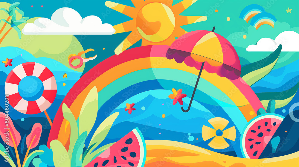 Flat  illustration of summer elements in the middle, simple design, colorful, vibrant, summer theme with a colorful background