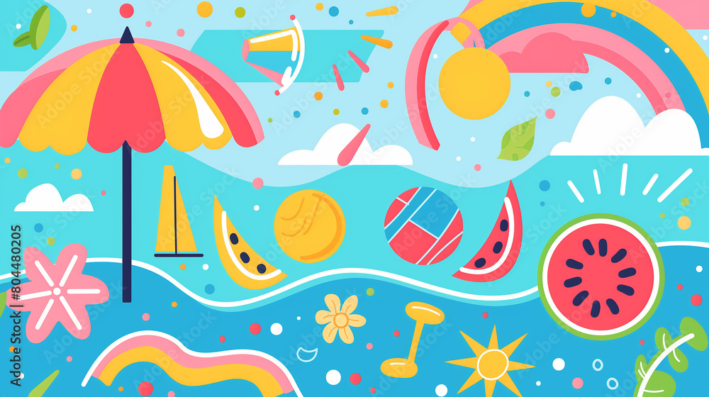 Flat  illustration of summer elements in the middle, simple design, colorful, vibrant, summer theme with a colorful background