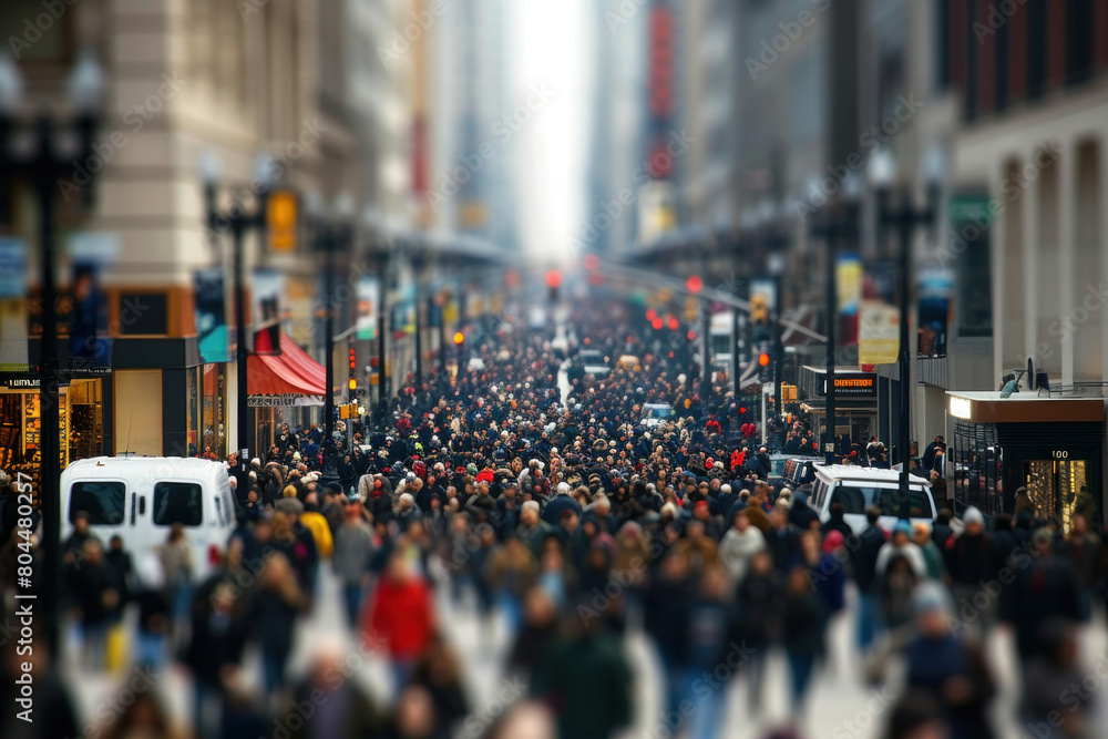 Crowded city street filled with people walking on a sunny day in a busy metropolitan area