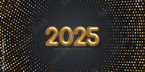 2025 balloon numbers Happy New Year template. Gold halftone glitter shining in light with sparkles. Greeting festive card with golden numbers vector illustration. Merry holiday poster or wallpaper.