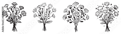 A simple drawing of small wildflowers in a naive, childish style. Cute isolated bouquet, sketch of wild plants in a set. Tiny decorative art plants. Black and white vector illustration, AI
