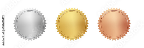 Gold, silver and bronze medals set vector illustration. 3d realistic award seals isolated on white background. Golden design element for labels, certificates, badges, winners
