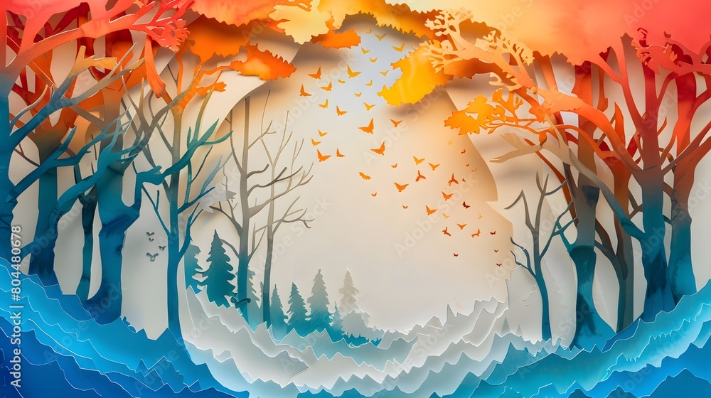 Autumn Floral Background with Orange Leaves and Flowers , watercolor and paper cut style illustration