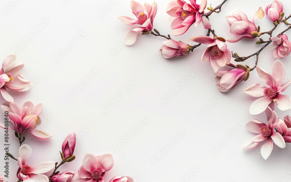 Photo of Magnolia branch with pink flowers on white background, free space for text Photo of Magnolia branch with pink flowers on white background, free space for text