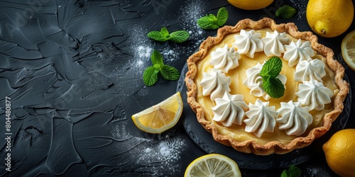 Top view of lemon meringue pie, fragrant sweet pie. Place for text photo