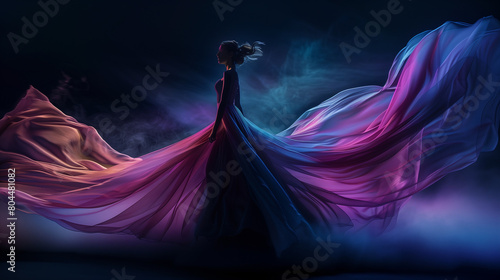 A dancer’s silhouette in motion, draped in a flowing dress, is captured against a dark backdrop, highlighted by a golden glow that creates an ethereal and captivating visual