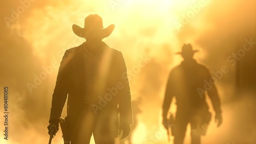 Old west duel between two cowboys in a classic showdown scene. Concept Wild West, Cowboys, Duel, Showdown, Old-fashioned photo