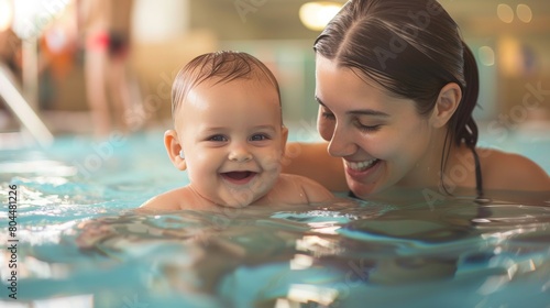 mom and smiling baby in swimming pool.