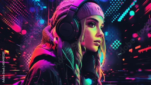 A woman in headphones stands against a vibrant neon background