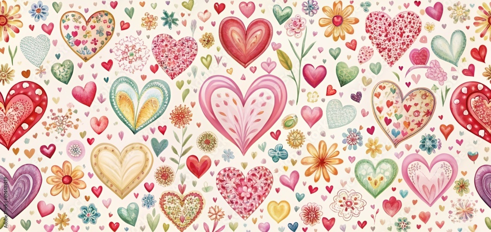 set of valentine banners. a colorful wall with many hearts and the words love in colorful colors.