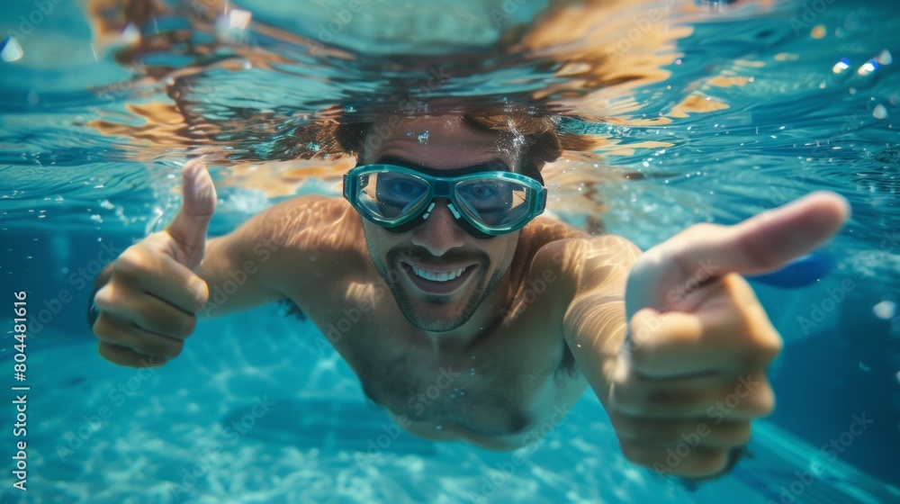 Underwater portrait of happy male with thumbs up gesture in swimming pool.