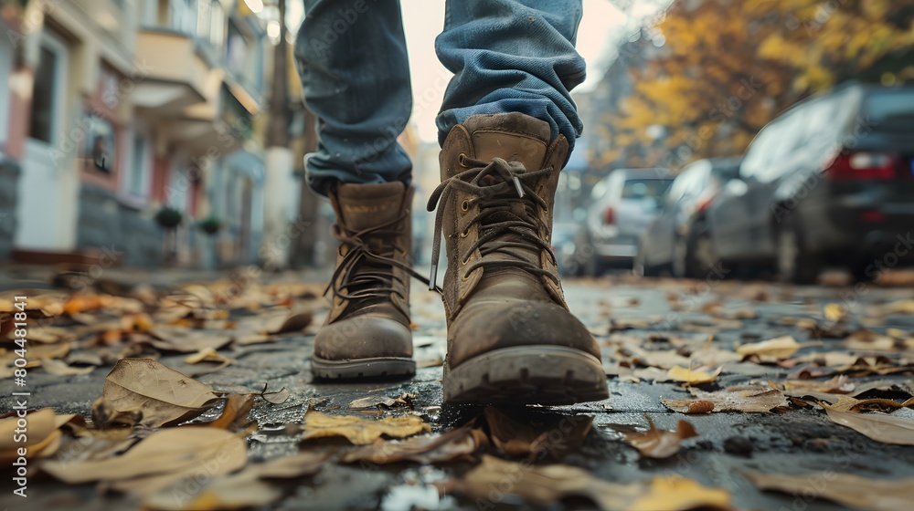 Close-up of a person wearing leather shoes and old jeans walking alone on the sidewalk. Suitable for the concept of unemployment, going on adventures, independence, Finding myself, seeking experience. Close-up of a person wearing leather shoes and old jeans walking alone on the sidewalk. Suitable for the concept of unemployment, going on adventures, independence, Finding myself, seeking experience.