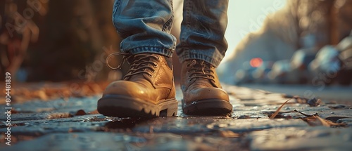 Close-up of a person wearing leather shoes and old jeans walking alone on the sidewalk. Suitable for the concept of unemployment, going on adventures, independence, Finding myself, seeking experience. photo